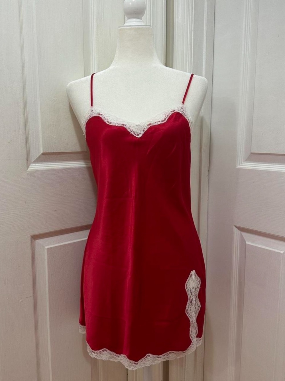 vintage victorias secret satin red slip dress with white lace trim